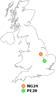 map showing distance between NG24 and PE28