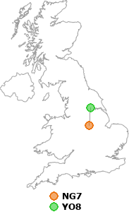 map showing distance between NG7 and YO8