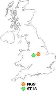 map showing distance between NG9 and ST18