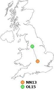 map showing distance between NN13 and OL15