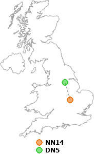 map showing distance between NN14 and DN5