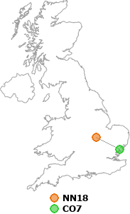 map showing distance between NN18 and CO7