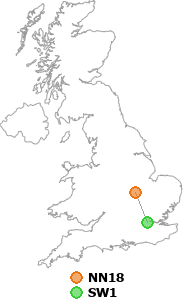 map showing distance between NN18 and SW1