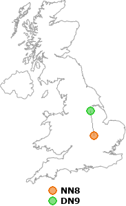 map showing distance between NN8 and DN9