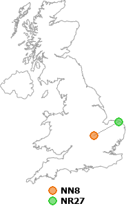 map showing distance between NN8 and NR27