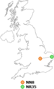 map showing distance between NN8 and NR35