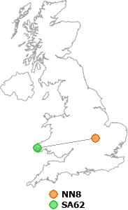 map showing distance between NN8 and SA62