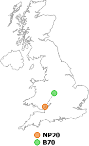 map showing distance between NP20 and B70