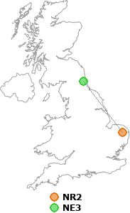 map showing distance between NR2 and NE3