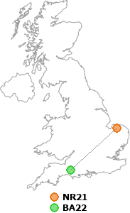 map showing distance between NR21 and BA22