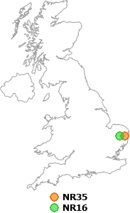 map showing distance between NR35 and NR16