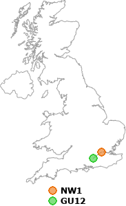 map showing distance between NW1 and GU12