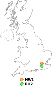 map showing distance between NW1 and RH2