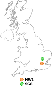 map showing distance between NW1 and SG8