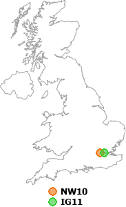 map showing distance between NW10 and IG11