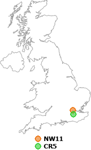 map showing distance between NW11 and CR5