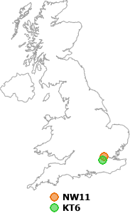 map showing distance between NW11 and KT6