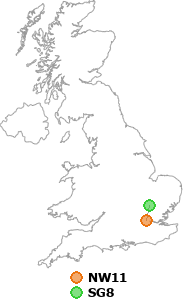 map showing distance between NW11 and SG8