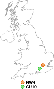 map showing distance between NW4 and GU10