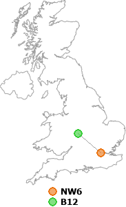 map showing distance between NW6 and B12