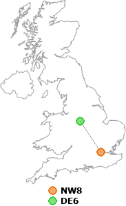 map showing distance between NW8 and DE6