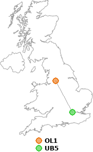 map showing distance between OL1 and UB5