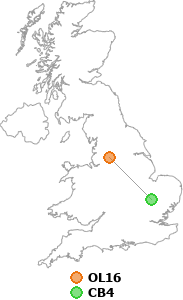 map showing distance between OL16 and CB4