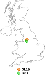 map showing distance between OL16 and SK3