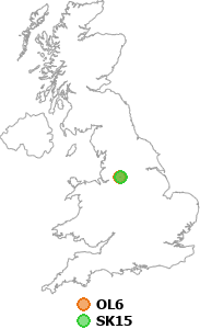 map showing distance between OL6 and SK15