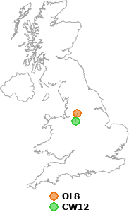 map showing distance between OL8 and CW12