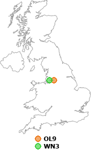 map showing distance between OL9 and WN3