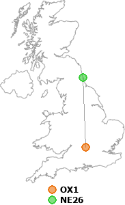 map showing distance between OX1 and NE26