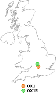 map showing distance between OX1 and OX15