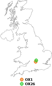 map showing distance between OX1 and OX26