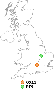 map showing distance between OX11 and PE9