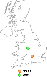 map showing distance between OX11 and WV9