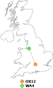 map showing distance between OX12 and WA4