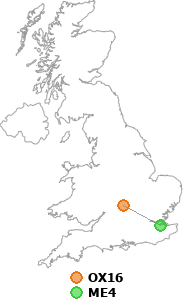 map showing distance between OX16 and ME4