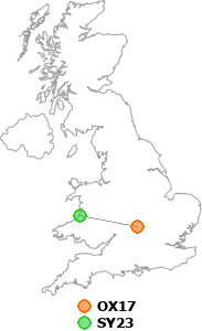 map showing distance between OX17 and SY23