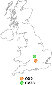 map showing distance between OX2 and CV33