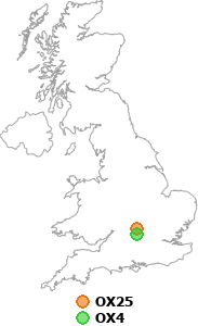 map showing distance between OX25 and OX4