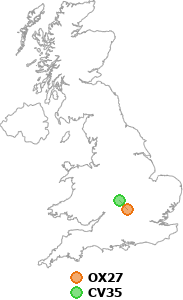 map showing distance between OX27 and CV35