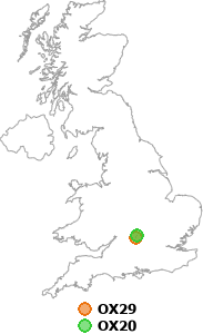 map showing distance between OX29 and OX20