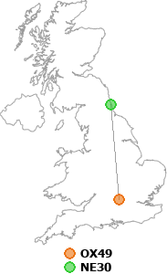 map showing distance between OX49 and NE30