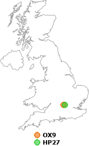 map showing distance between OX9 and HP27