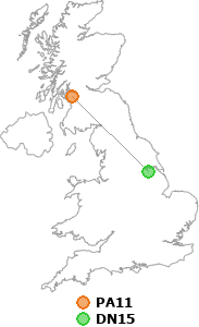 map showing distance between PA11 and DN15