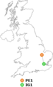 map showing distance between PE1 and IG1