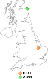 map showing distance between PE11 and AB44