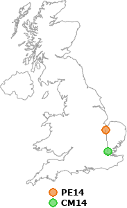 map showing distance between PE14 and CM14