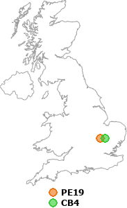 map showing distance between PE19 and CB4